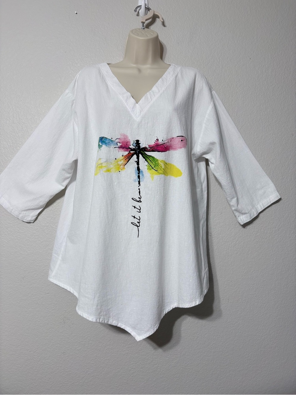 Woman’s White Cotton V Neck Top w Dragonfly Print Elbow Sleeves Summer Casual XL